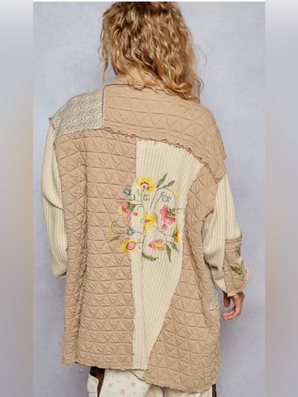 POL Quilted and Knit Long Loose Fit Jacket in
Chocolate Multi Size Large NWOT